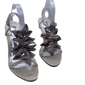 Luichiny Primal Silver Satin Bow Faux Gem Embellished Open Toe Ankle Strap Heels